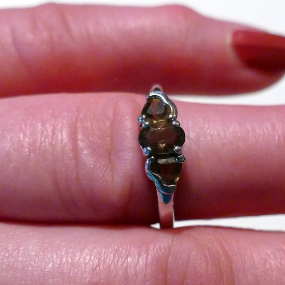 Smoky Quartz Sterling Silver-3 Stone Ring - Picture 1 of 12